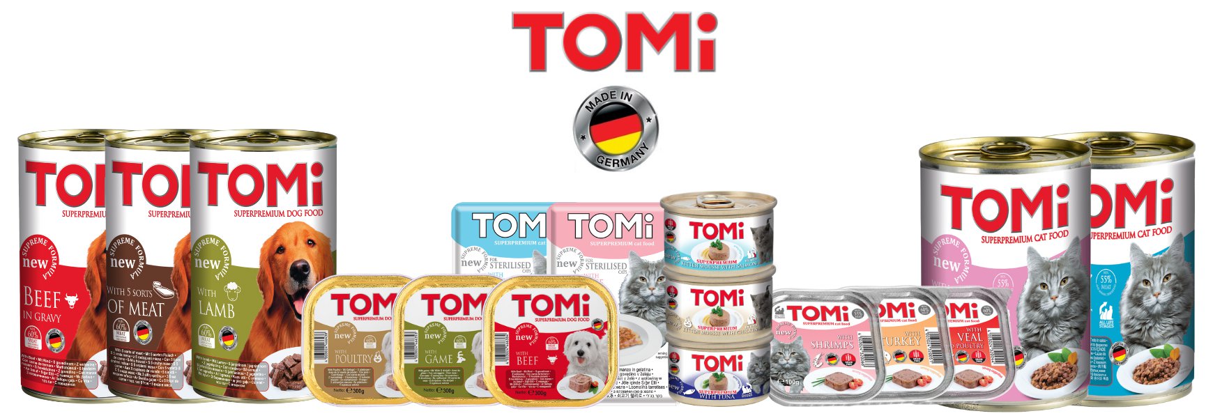 באנר של מוצרי TOMI לכלבים וחתולים